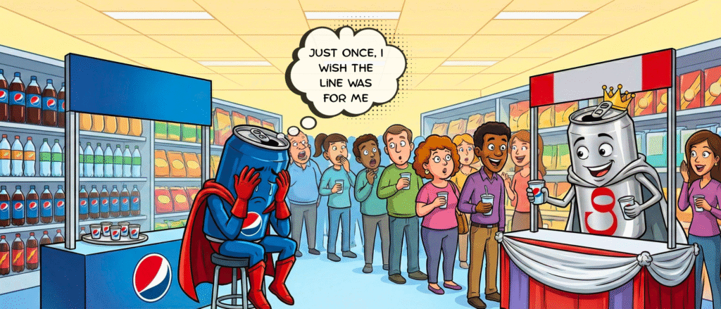Cartoon illustration of a sad Pepsi superhero sitting alone while a crowd lines up to sample Diet Coke from a booth